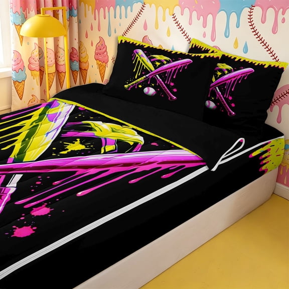 Homewish Baseball Bats Helmet Graphic Zipper Full Size Comforter Sets with Fitted Sheet and 2 Pillowcases,Playful Graphic Zipper Bedding Set,4pcs,Black Reversible
