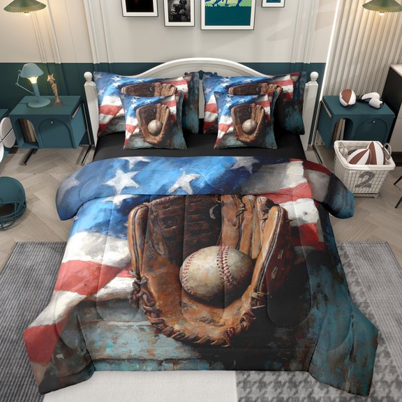 Homewish Baseball Game 7-Piece Bedding Comforter Set,Sport Theme King Bedding Sets,Brown White Bed Sheets For Boys Teens,Ultra Soft Home Decor Reversible