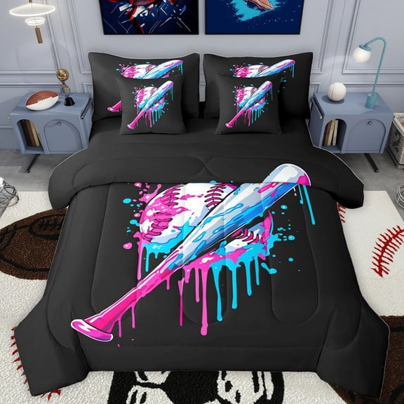 Homewish Baseball Game 7 Pieces Bedding Comforter Set,Watercolor Splashing Ink Full Bedding Set,Sport Theme Fitted Sheet Flat Sheet For Kids,Breathable Home Decor Reversible