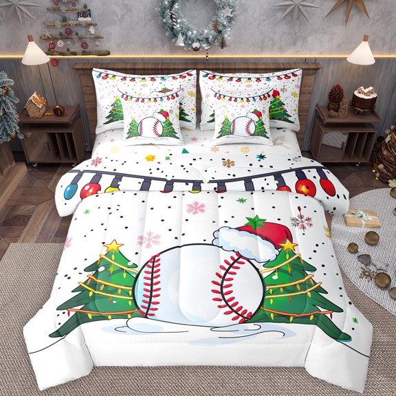 Homewish Baseball Game 7pcs Bedding Comforter Set,Multicolor Xmas Snowflake Queen Bedding Sets,Green Chic Christmas Tree Queen Sheet Sets For Boys Kids,Super Cozy Room Decor Reversible