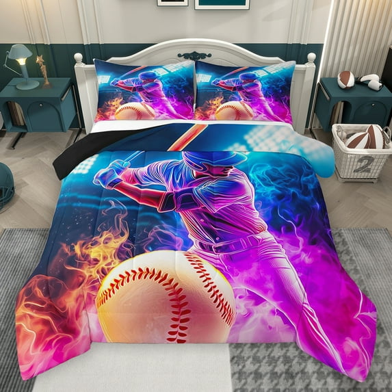 Homewish Baseball Game Bedding Comforter Set,Sport Theme Twin Comforter Sets,Purple Blue White Bedding Set For Boys Kids,Breathable Home Decor Reversible,2-Piece
