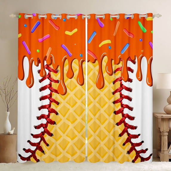 Homewish Baseball Game Black Out Curtains,Orange Ice Cream Curtains Pack of 2 (42x63 Each),Sport Theme Bedroom Curtains For Kids,Breathable Home Decor