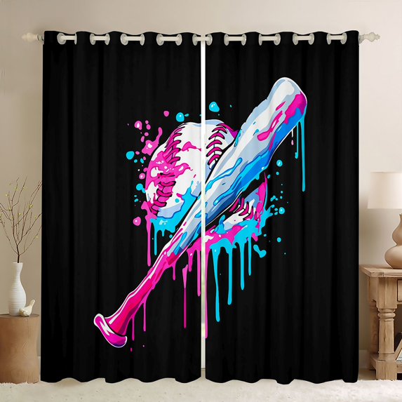 Homewish Baseball Game Curtains Pack of 2 (42x84 Each),Watercolor Splashing Ink Curtains Blackout,Sport Theme Bedroom Curtains For Kids,Breathable Home Decor