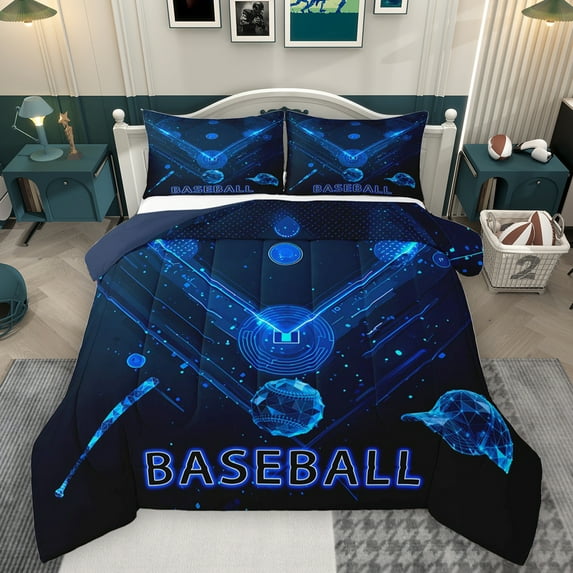 Homewish Baseball Game Full Size Comforter Sets,Modern Geometric Bedding Comforter Set,Blue Black Bedding Sets For Boys Teens,Ultra Soft Home Decor Reversible,3pcs