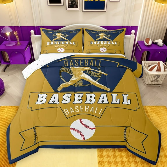 Homewish Baseball Game Gaming Queen Comforter Set,Ball Sport Theme Bedding Sets,Gold Deepblue Bedding Comforter Set For Teens,Luxury Bedroom Decor Reversible,3pcs