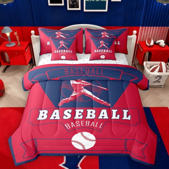 Homewish Baseball Game Lovers 7-Piece Bedding Comforter Set,Ball Sport King Bedding Sets,Red Deepblue Bed Sheets For Teens,Breathable Home Decor Reversible