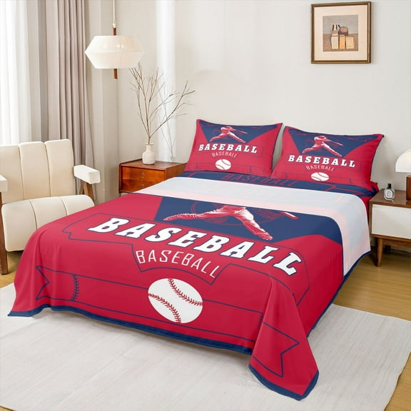 Homewish Baseball Game Lovers Bed Sheets,Ball Sport King Sheets,Red Deepblue Sheet Set For Teens,Breathable Home Decor,4-Piece