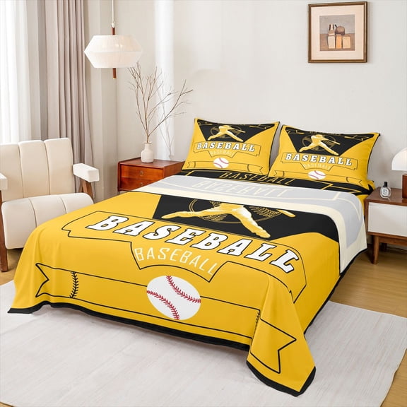 Homewish Baseball Game Lovers Bed Sheets,Ball Sport King Sheets,Yellow Black Sheet Set For Teens,Breathable Home Decor,4pcs