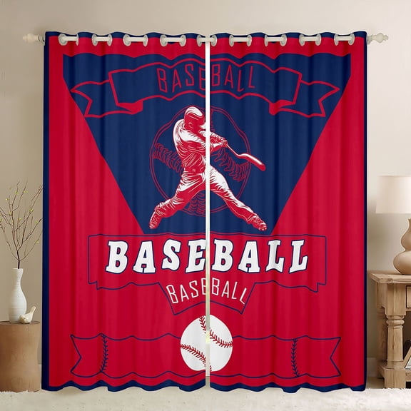 Homewish Baseball Game Lovers Black Out Curtains,Ball Sport Curtains Pack of 2 (42x63 Each),Red Deepblue Bedroom Curtains For Teens,Breathable Home Decor