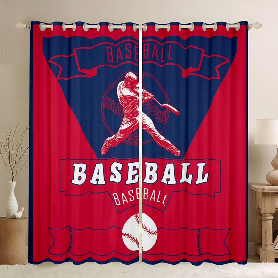 Homewish Baseball Game Lovers Blackout Curtains Set of 2 (52x84 Each),Ball Sport Window Curtains,Red Deepblue Curtains and Drapes For Teens,Breathable Home Decor