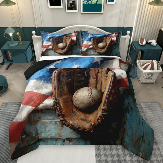 Homewish Baseball Game Queen Comforter Set,Sport Theme Bedding Sets,Brown White Bedding Comforter Set For Boys Teens,Ultra Soft Home Decor Reversible,3-Piece