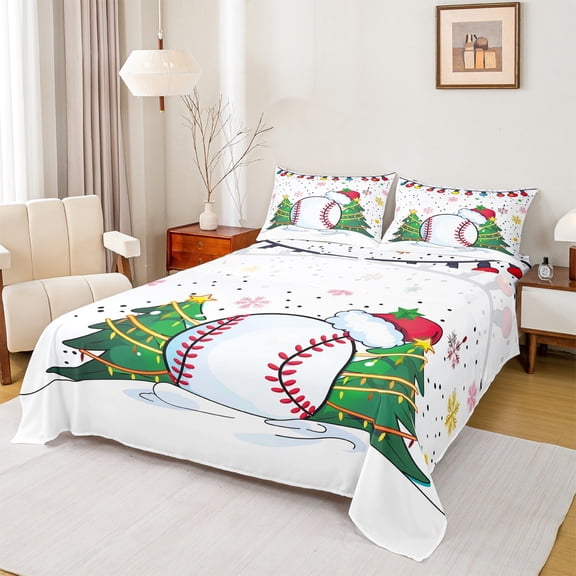 Homewish Baseball Game Queen Sheet Set, Multicolor Xmas Snowflake Green Tree, Super Cozy Decor For Boys Kids, 4-Piece