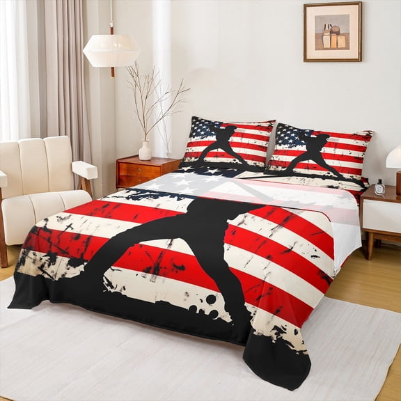 Homewish Baseball Gamer 4pcs Bed Sheets for Boys Girls,Sport Game King Sheets,Vintage American Flag Super Cozy Sheet Set,Lightweight Room Decor