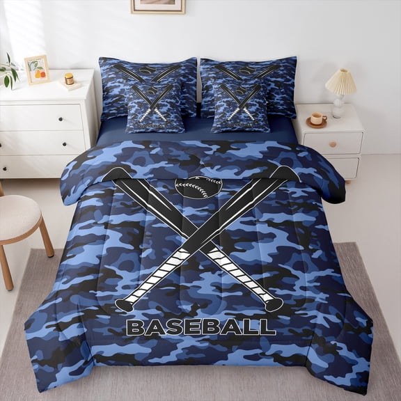 Homewish Baseball Gamer 7-Piece Bedding Comforter Set for Teens Female Men,Blue Camouflage Camo King Bedding Sets,Sport Theme Ultra Soft Bed Sheets,Microfiber Bedroom Decor,Reversible
