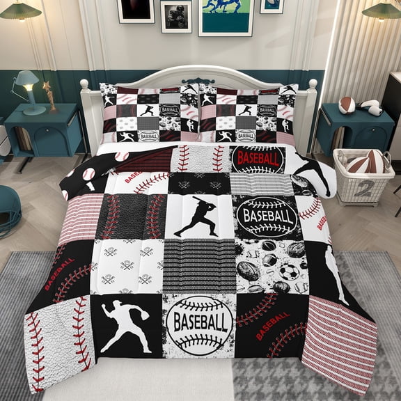 Homewish Baseball Gamer Bedding Comforter Set 2pcs for Kids Teens Adults,Sport Game Twin Comforter Sets Microfiber,Black Red Plaid Breathable Bedding Set,Breathable Home Decor,Reversible