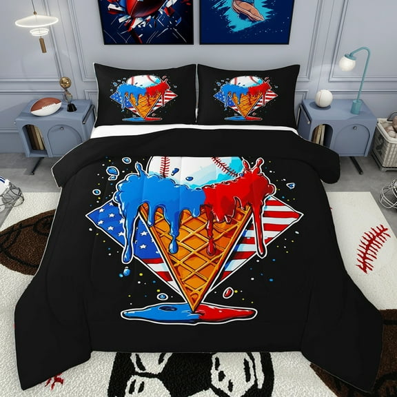 Homewish Baseball Gamer Bedding Comforter Set,American Flag Pattern Twin Comforter Sets,Blue Red Black Bedding Set For Kids,Super Cozy Room Decor Reversible,2 Pieces