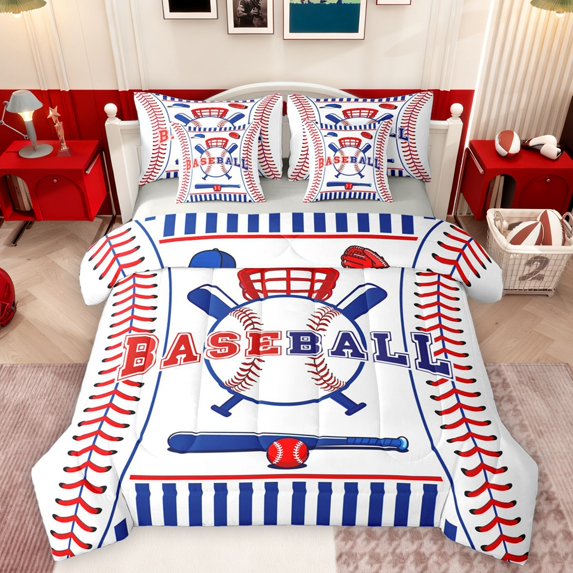 Homewish Baseball Gamer Boy Bedding Comforter Set 7 Pieces,Blue Red Full Bedding Set Lightweight,Sport Gaming Fitted Sheet Flat Sheet,Microfiber Bedroom Decor,Reversible