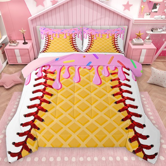 Homewish Baseball Gamer Full Size Comforter Sets,Sweer Ice Cream Bedding Comforter Set,Yellow Pink White Bedding Sets For Kids,Super Cozy Room Decor Reversible,3 Pieces