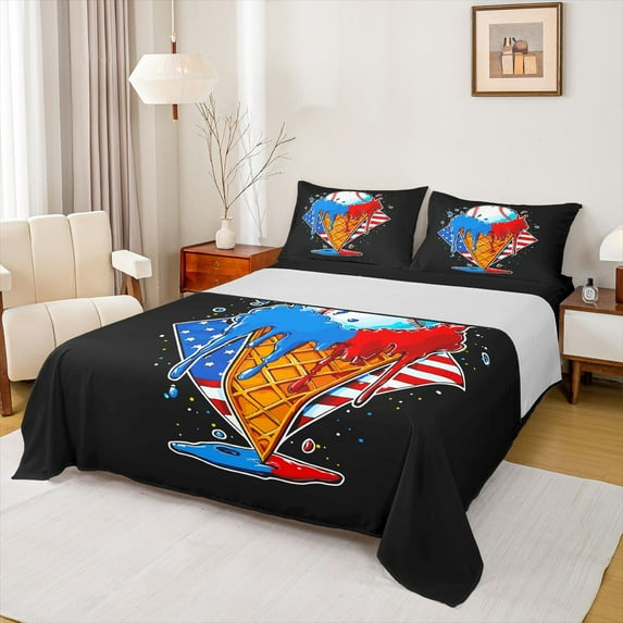Homewish Baseball Gamer Twin Sheet Sets,American Flag Pattern Twin Fitted Sheet,Blue Red Black Flat Sheet For Kids,Super Cozy Room Decor,3 Pieces