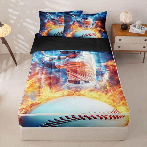 Homewish Baseball Gamer Zipper Twin Comforter Sets with Fitted Sheet and 2 Pillowcases,Ball Games Sport Theme Zipper Bedding Set For Boy Teens,Reversible,4 Pieces