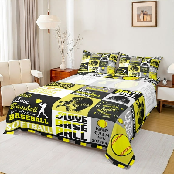 Homewish Baseball Gaming Twin Sheet Sets 3pcs for Kids Teens Adults,Sport Gamer Twin Fitted Sheet Microfiber,Geometric Plaid Grid Breathable Flat Sheet,Breathable Home Decor