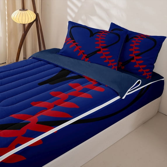 Homewish Baseball Heart Zipper Twin Comforter Sets with Fitted Sheet and 2 Pillowcases, Navy Cartoon Zipper Bedding Set for Men and Women, Navy Reversible, 4 Pieces