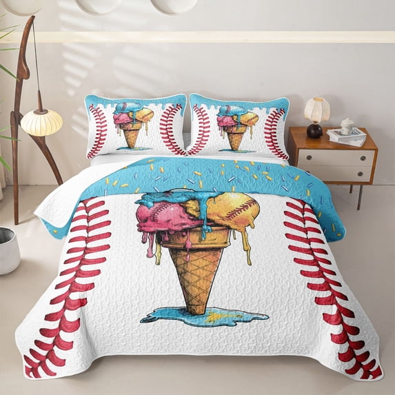 Homewish Baseball Ice Cream Twin Quilt Set,Kids Sports Twin Coverlet Set,2 Pieces