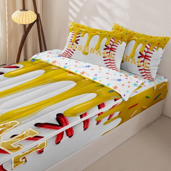 Homewish Baseball Ice Cream Zipper Full Size Comforter Sets with Fitted Sheet and 2 Pillowcases for Kids, Cartoon Dount Dessert Zipper Bedding Set, Stars Reversible, 4-Piece