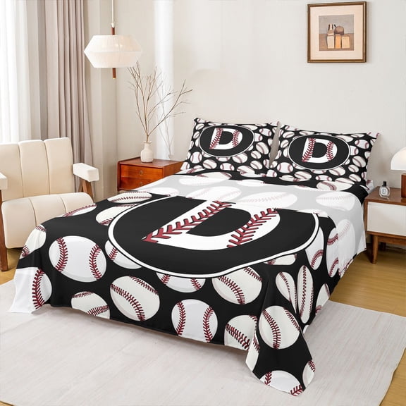 Homewish Baseball Initial Letter Bed Sheets, Cartoon Monogrammed D King Sheets, Kawaii Ball Print Sheet Set, Lightweight Room Decor, 4 Pieces