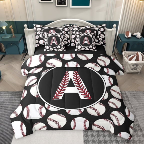 Homewish Baseball Initial Letter Bedding Comforter Set 7pcs, Cartoon Monogrammed A Queen Bedding Sets, Kawaii Ball Print Reversible Queen Sheet Sets, Breathable Home Decor