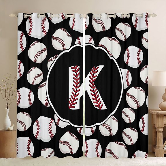 Homewish Baseball Initial Letter Black Out Curtains, Cartoon Monogrammed K Curtains Pack of 2 (42x63 Each), Kawaii Ball Print Bedroom Curtains, Black Out Curtains Room Decor