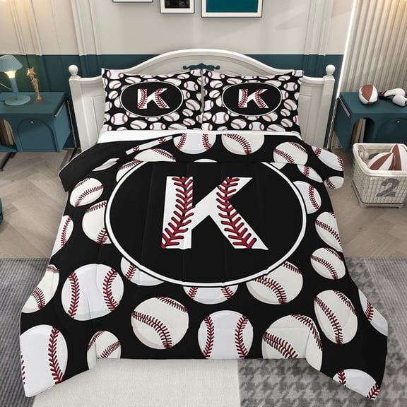 Homewish Baseball Initial Letter Queen Comforter Set, Cartoon Monogrammed K Bedding Sets, Kawaii Ball Print Reversible Bedding Comforter Set, Lightweight Room Decor, 3 Pieces