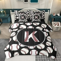 Homewish Baseball Initial Letter Twin Bedding Sets 7-Piece, Cartoon Monogrammed K Bedding Comforter Set, Kawaii Ball Print Reversible Sheet Sets, Lightweight Room Decor