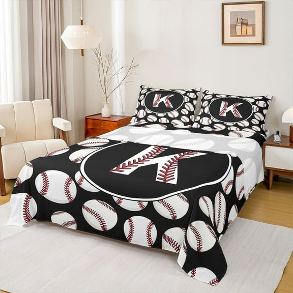 Homewish Baseball Initial Letter Twin Sheet Sets, Cartoon Monogrammed K Twin Fitted Sheet, Kawaii Ball Print Flat Sheet, Lightweight Room Decor, 3 Pieces