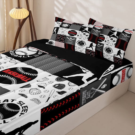 Homewish Baseball Lover Zipper Twin Comforter Sets with Fitted Sheet and 2 Pillowcases, Gray Patchwork Zipper Bedding Set for Men and Women, Black Reversible, 4 Pieces