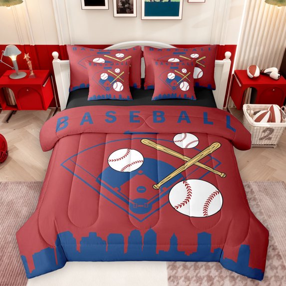 Homewish Baseball Print Bedding Comforter Set 7pcs for Teen, Vintage Ball Sports Player King Bedding Sets, Crismon Blue Cartoon Reversible Bed Sheets, Super Cozy Room Decor