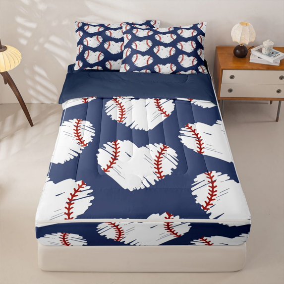 Homewish Baseball Print Loves Zipper Twin Comforter Sets with Fitted Sheet and 2 Pillowcases For Kids,Boys Ball Games Zipper Bedding Set,Navy Blue Reversible,4-Piece