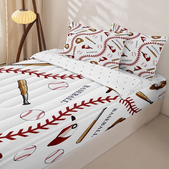 Homewish Baseball Softball Zipper Full Size Comforter Sets with Fitted Sheet and 2 Pillowcases, Red Sports Cap Zipper Bedding Set for Boys and Girls, Reversible, 4-Piece