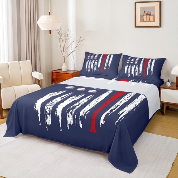 Homewish Baseball Sport Bed Sheets,Kids Ball Gamer King Sheets,Red White Blue Sheet Set For Boys Teens,Breathable Home Decor,4 Pieces