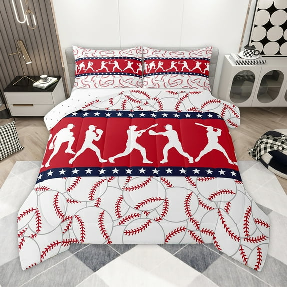 Homewish Baseball Sport Ball Game Red White Blue Twin Comforter Set, Reversible Microfiber Boys Kids Bedding, 2 Pieces