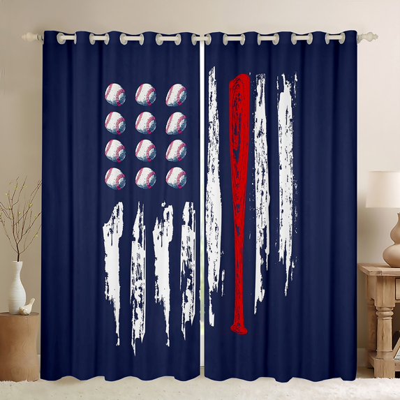 Homewish Baseball Sport Black Out Curtains,Kids Ball Gamer Curtains Pack of 2 (42x63 Each),Red White Blue Bedroom Curtains For Boys Teens,Breathable Home Decor