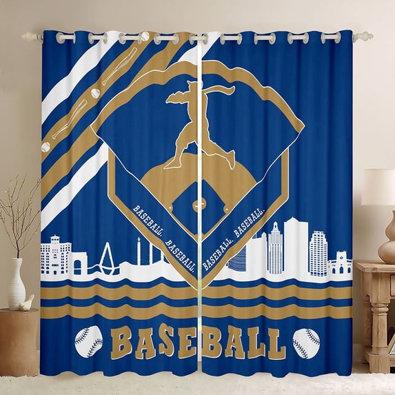 Homewish Baseball Sport City Curtains Pack of 2 (42x84 Each),Ball Game Gamer Curtains Blackout,Brown Blue White Bedroom Curtains For Kids,Luxury Bedroom Decor