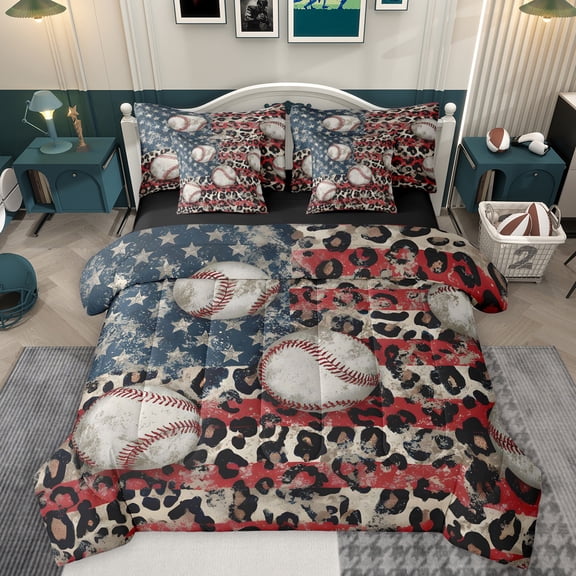 Homewish Baseball Sport Game 7-Piece Twin Bedding Sets,Leopard Print Bedding Comforter Set,White Red Blue Sheet Sets For Boys Kids,Luxury Bedroom Decor Reversible