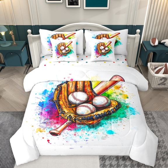 Homewish Baseball Sport Game 7 Pieces Bedding Comforter Set,Watercolor Splashing Ink Full Bedding Set,Brown White Fitted Sheet Flat Sheet For Teens,Super Cozy Room Decor Reversible