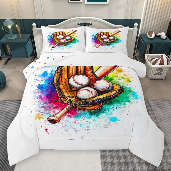 Homewish Baseball Sport Game Full Size Comforter Sets,Watercolor Splashing Ink Bedding Comforter Set,Brown White Bedding Sets For Teens,Super Cozy Room Decor Reversible,3 Pieces