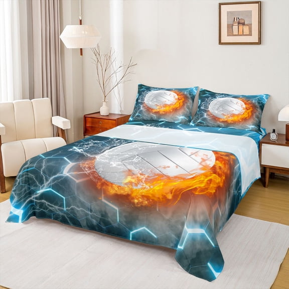 Homewish Baseball Sport Game Twin Sheet Sets,Modern Abstract Geometric Hexagon Twin Fitted Sheet,Cyan White Orange Flat Sheet For Boys Kids,Super Cozy Room Decor,3 Pieces