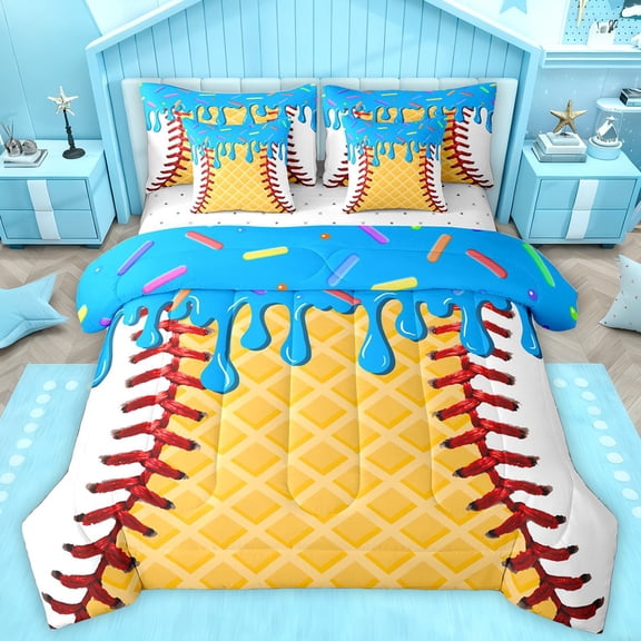 Homewish Baseball Sport Gamer 7-Piece Bedding Comforter Set,Modern Geometric Rhombus King Bedding Sets,Blue White Yellow Bed Sheets For Teens,Luxury Bedroom Decor Reversible
