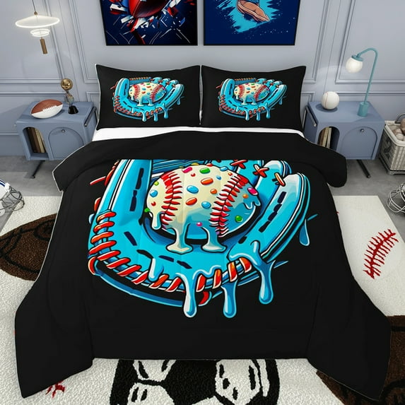 Homewish Baseball Sport Gamer Bedding Comforter Set,Boys Ball Game Twin Comforter Sets,Blue White Black Bedding Set For Teens,Luxury Bedroom Decor Reversible,2 Pieces