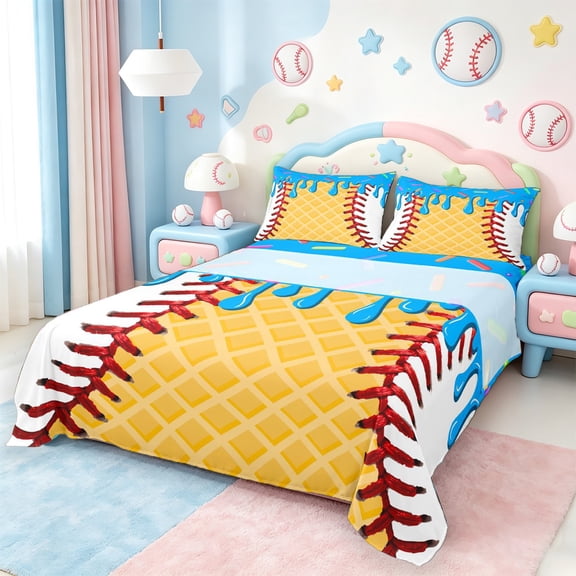 Homewish Baseball Rhombus Blue White Yellow Twin 3-Piece Reversible Teens Luxury Modern Geometric Sport Gamer Sheet Set