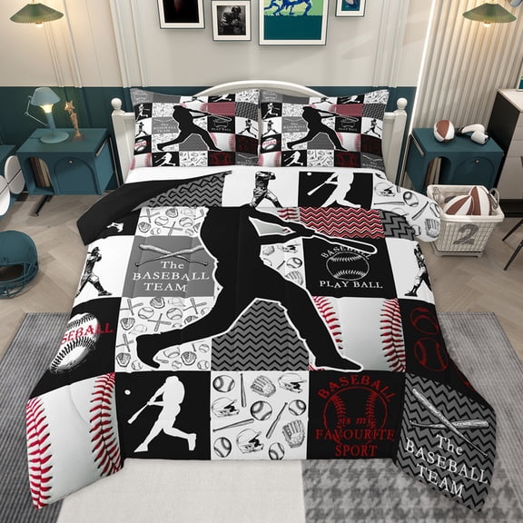 Homewish Baseball Sport Kids Queen Comforter Set, Retro Patchwork Plaid Bedding Sets, Black White Stripes Reversible Bedding Comforter Set, Breathable Home Decor, 3 Pieces